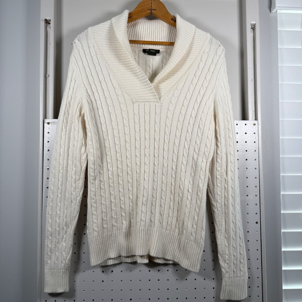 Eddie Bauer Sweater Women Medium Ivory Cable Knit Shawl Neck Classic Winter Cozy